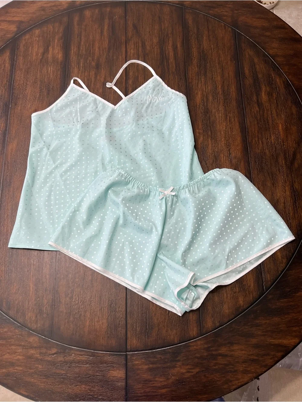 KATE SPADE Women’s Aqua Polka Dot “Mrs.” Pajama Set Cami & Shorts Size Small